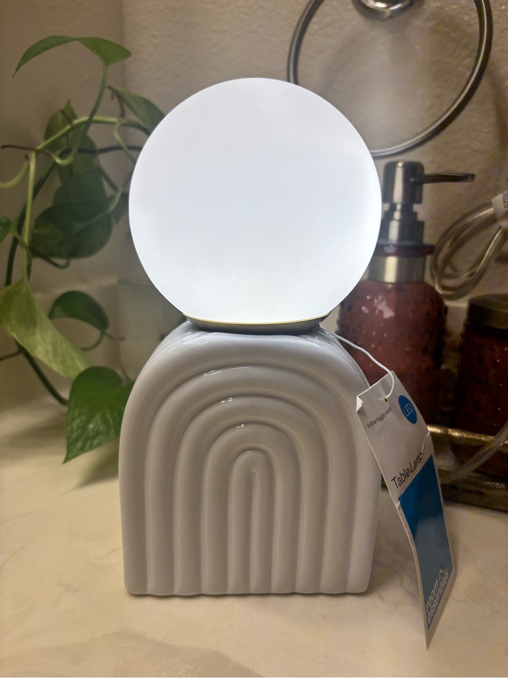 White Ceramic Arch Table Lamp with Frosted Globe